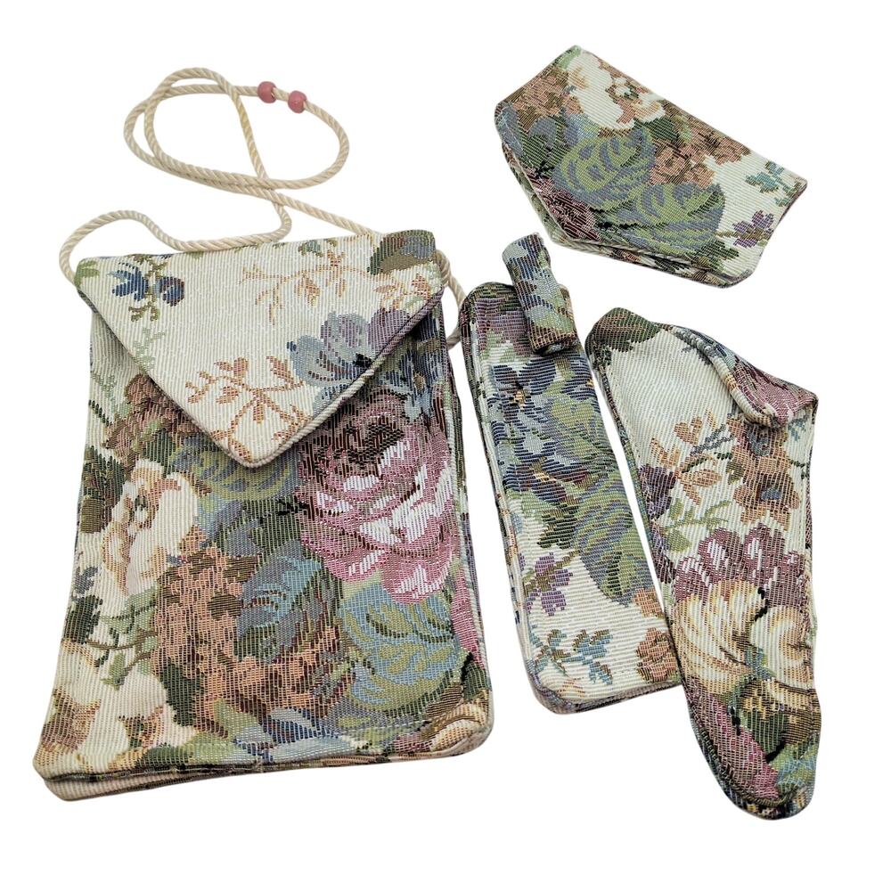 VTG Floral Tapestry Handmade Sewing Notion Bag 4 Piece Travel Kit Green Pink